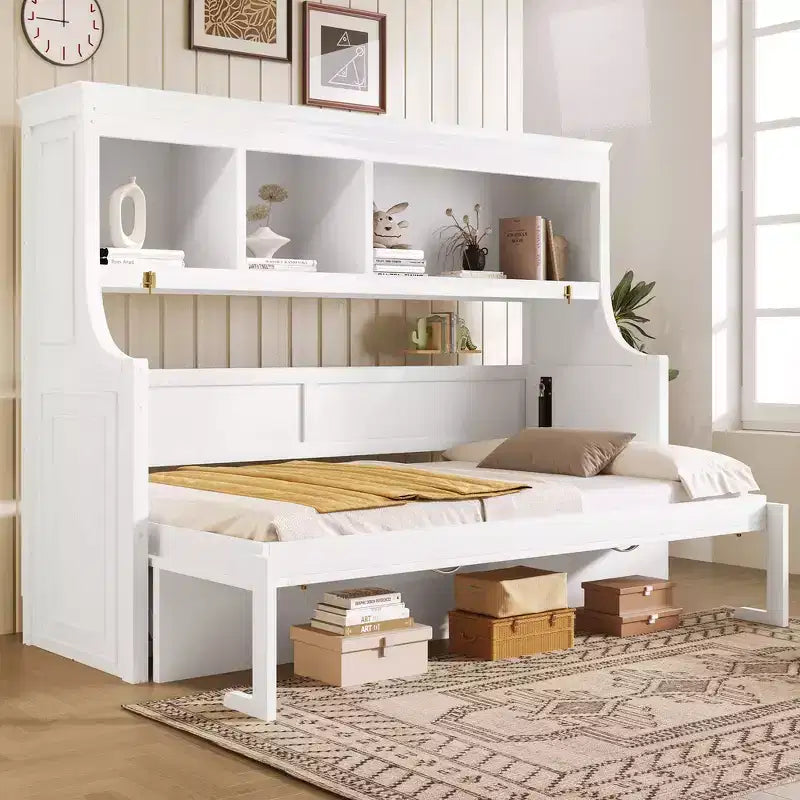 Lit escamotable double Whisen Elegant avec bureau et étagères de rangement