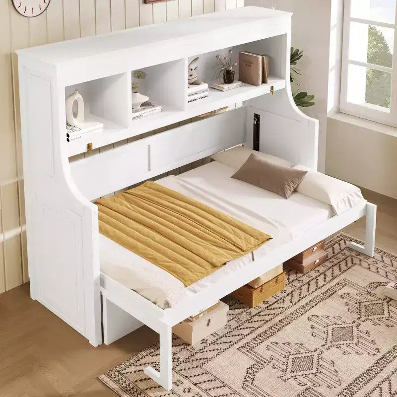 Lit escamotable double Whisen Elegant avec bureau et étagères de rangement