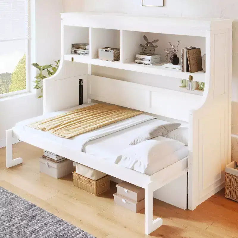 Lit escamotable double Whisen Elegant avec bureau et étagères de rangement