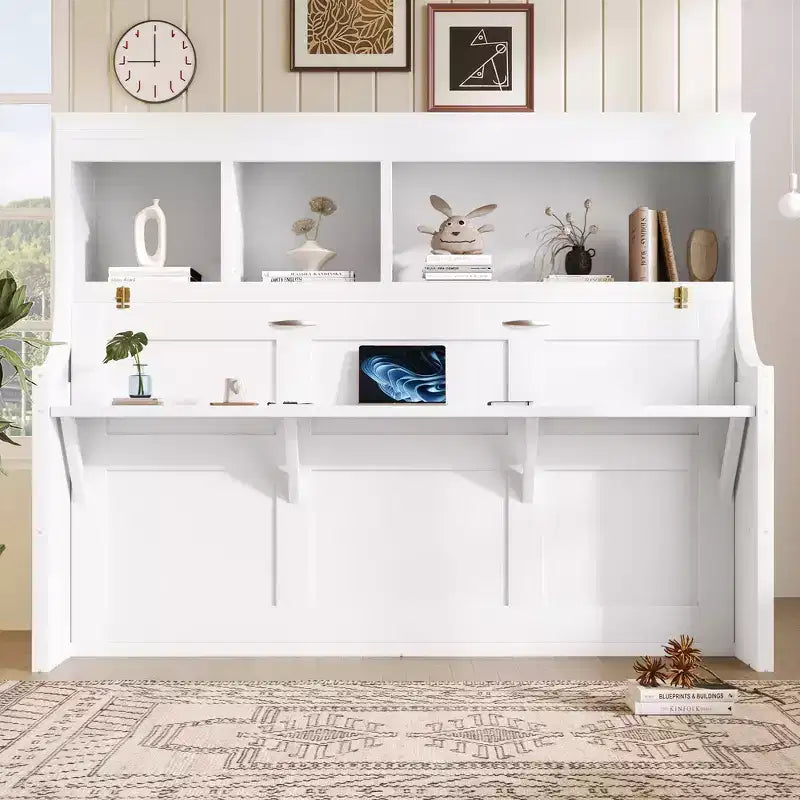 Lit escamotable double Whisen Elegant avec bureau et étagères de rangement
