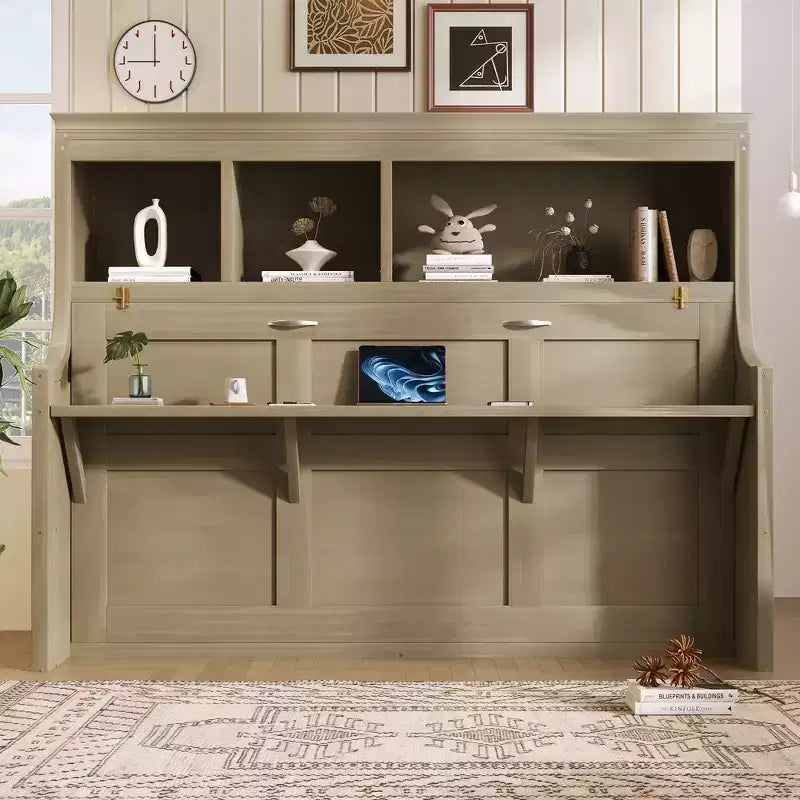 Lit escamotable double Whisen Elegant avec bureau et étagères de rangement