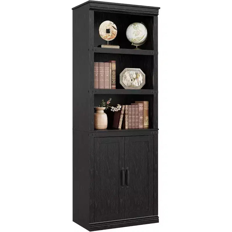 Bibliothèque de ferme avec portes, étagère à 5 niveaux avec armoire, bibliothèque en bois de 174,5 cm de haut à 5 étagères pour salon, bureau à domicile, chambre à coucher.