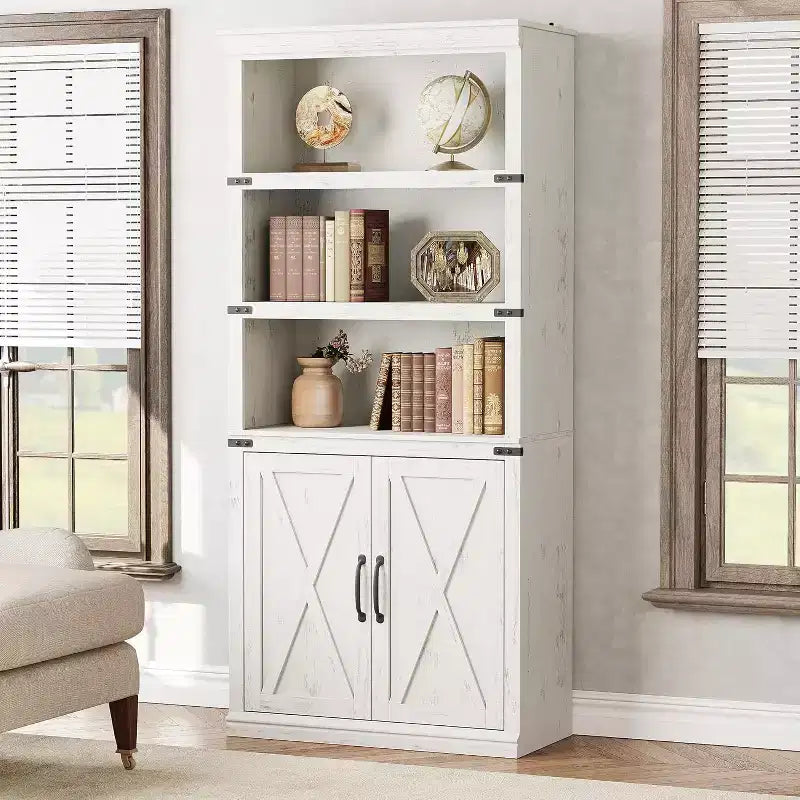 Farmhouse Bookcase with Doors, 5 Tier Book Shelf with Cabinet, Wood 68.7 Tall 5 Shelf Book Case for Living Room, Home Office,Bedroom