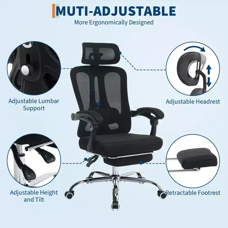 Acekool Fauteuil inclinable ergonomique en maille avec repose-pieds, réglage lombaire et appui-tête, pour bureau à domicile et salle de jeux