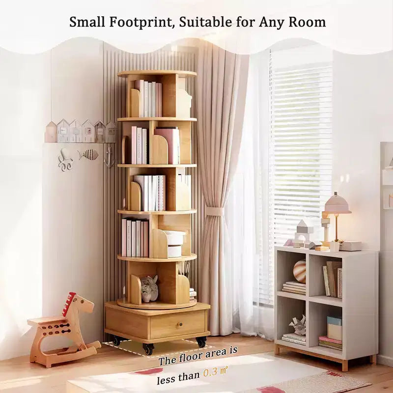 VIYET 68 Étagère rotative à 360° à 6 niveaux, tour en MDF couleur bois avec roulettes et tiroir (rangement peu encombrant pour la maison/le bureau)