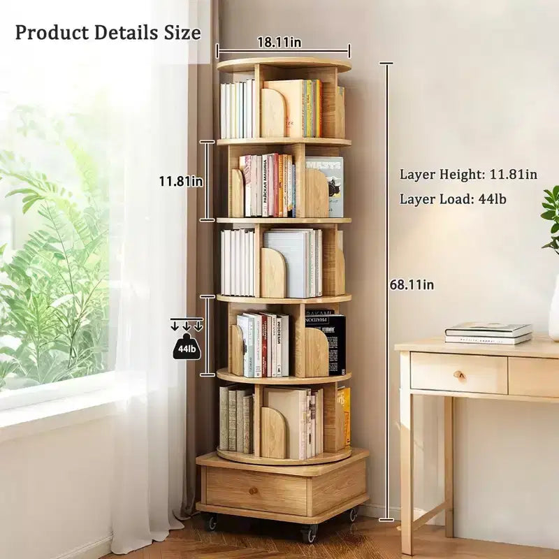 VIYET 68 Étagère rotative à 360° à 6 niveaux, tour en MDF couleur bois avec roulettes et tiroir (rangement peu encombrant pour la maison/le bureau)