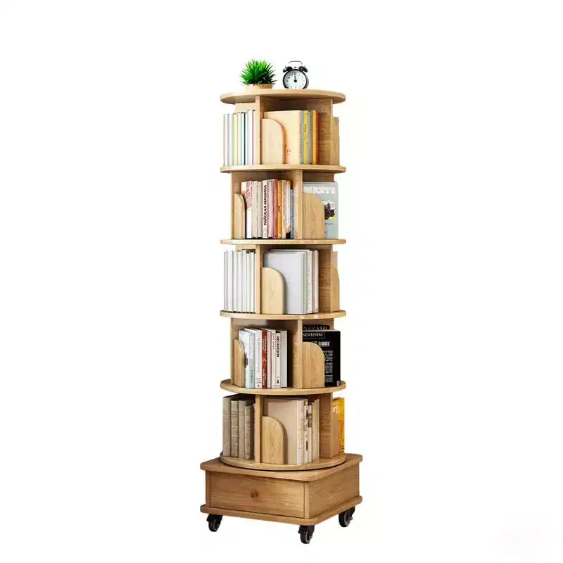 VIYET 68 Étagère rotative à 360° à 6 niveaux, tour en MDF couleur bois avec roulettes et tiroir (rangement peu encombrant pour la maison/le bureau)