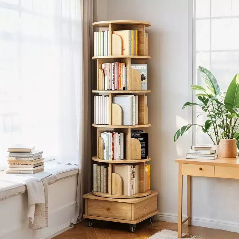 VIYET 68 Étagère rotative à 360° à 6 niveaux, tour en MDF couleur bois avec roulettes et tiroir (rangement peu encombrant pour la maison/le bureau)