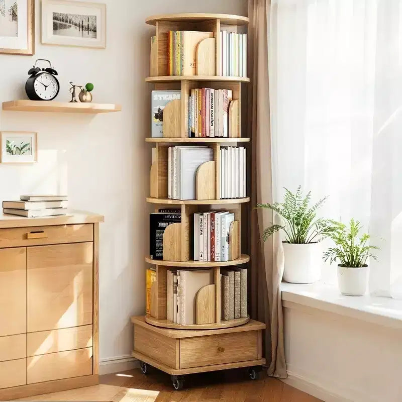 VIYET 68 Étagère rotative à 360° à 6 niveaux, tour en MDF couleur bois avec roulettes et tiroir (rangement peu encombrant pour la maison/le bureau)