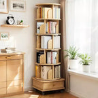 VIYET 68 Étagère rotative à 360° à 6 niveaux, tour en MDF couleur bois avec roulettes et tiroir (rangement peu encombrant pour la maison/le bureau)