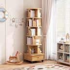VIYET 68 Étagère rotative à 360° à 6 niveaux, tour en MDF couleur bois avec roulettes et tiroir (rangement peu encombrant pour la maison/le bureau)
