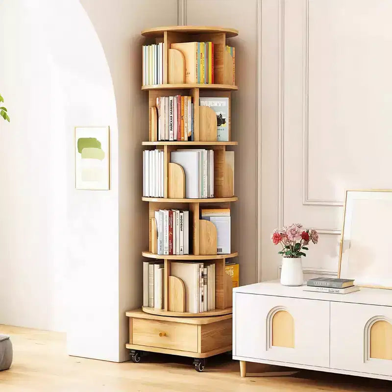 VIYET 68 Étagère rotative à 360° à 6 niveaux, tour en MDF couleur bois avec roulettes et tiroir (rangement peu encombrant pour la maison/le bureau)