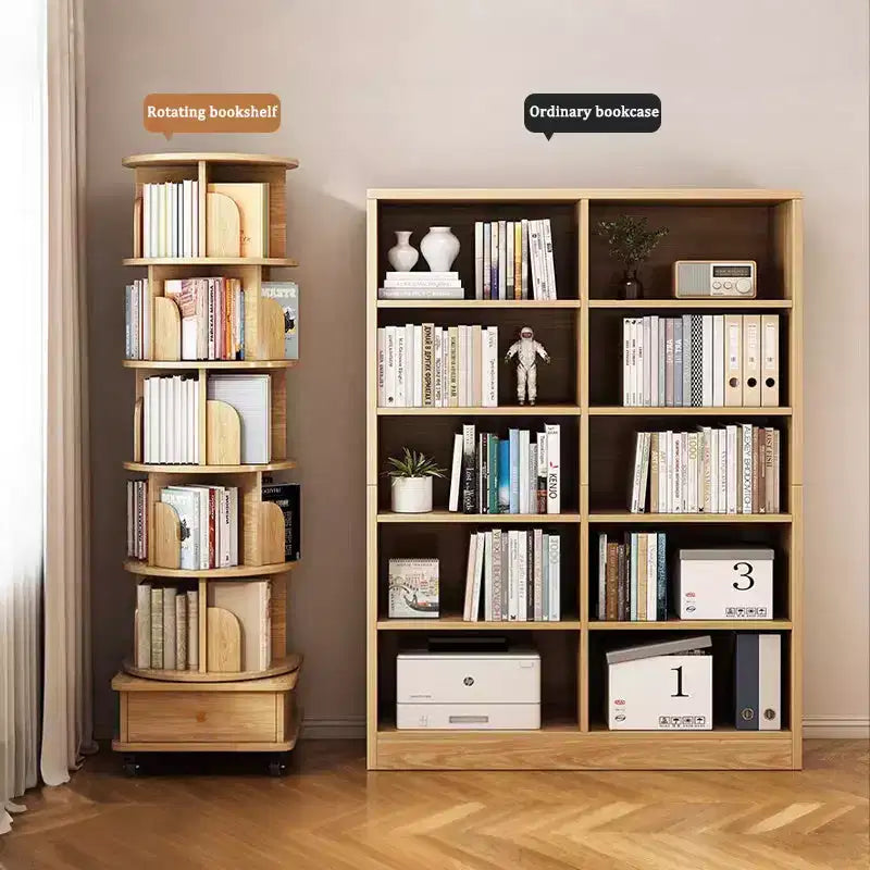 VIYET 68 Étagère rotative à 360° à 6 niveaux, tour en MDF couleur bois avec roulettes et tiroir (rangement peu encombrant pour la maison/le bureau)
