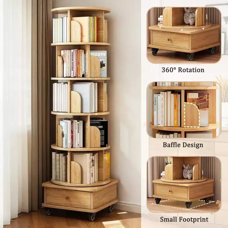 VIYET 68 Étagère rotative à 360° à 6 niveaux, tour en MDF couleur bois avec roulettes et tiroir (rangement peu encombrant pour la maison/le bureau)
