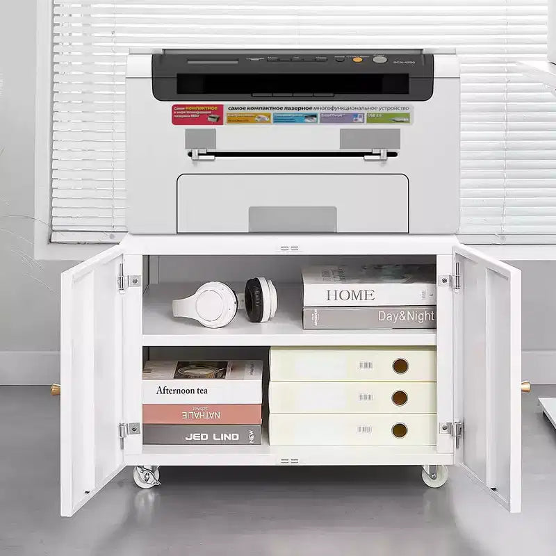 MAYEERTY Meuble de rangement mobile blanc en métal pour imprimante, avec étagère réglable et roulettes