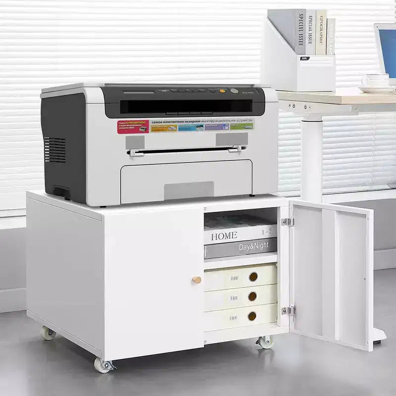 MAYEERTY Meuble de rangement mobile blanc en métal pour imprimante, avec étagère réglable et roulettes