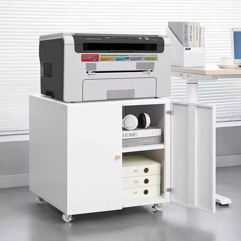 MAYEERTY Meuble de rangement mobile blanc en métal pour imprimante, avec étagère réglable et roulettes