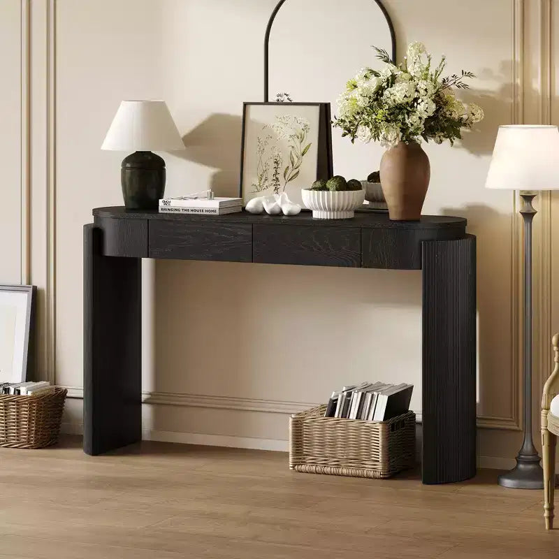 Table d'entrée avec finition en grain de bois naturel, console encastrée, plateau ovale, deux tiroirs, pour entrées et salons