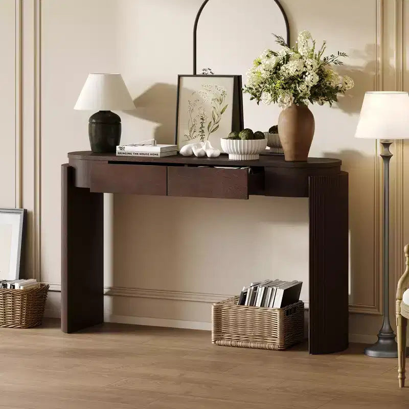 Table d'entrée avec finition en grain de bois naturel, console encastrée, plateau ovale, deux tiroirs, pour entrées et salons