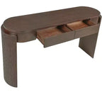 Table d'entrée avec finition en grain de bois naturel, console encastrée, plateau ovale, deux tiroirs, pour entrées et salons