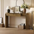 Table d'entrée avec finition en grain de bois naturel, console encastrée, plateau ovale, deux tiroirs, pour entrées et salons