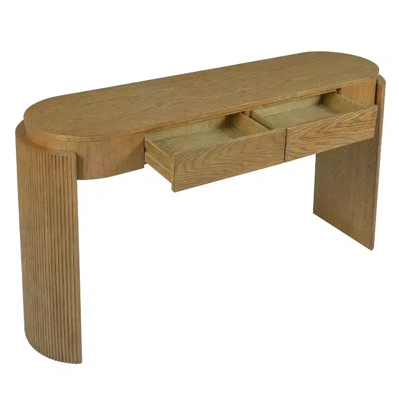 Table d'entrée avec finition en grain de bois naturel, console encastrée, plateau ovale, deux tiroirs, pour entrées et salons