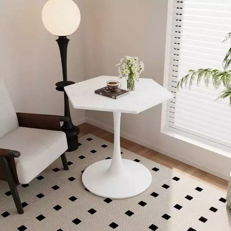 MAYEERTY Table Basse Hexagonale Moderne de 80 cm avec Plateau en Marbre Imprimé Blanc et Base en Métal pour Salle à Manger Salon Blanc