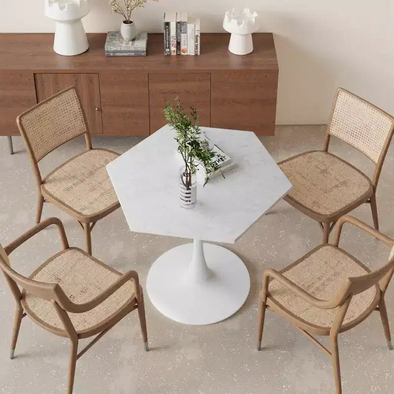 MAYEERTY Table Basse Hexagonale Moderne de 80 cm avec Plateau en Marbre Imprimé Blanc et Base en Métal pour Salle à Manger Salon Blanc