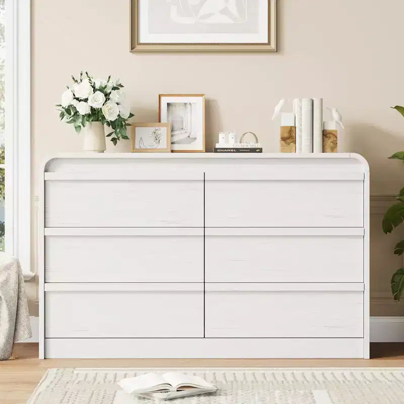 Commode bombée à 6 tiroirs, 47 po de large, en bois avec profil incurvé pour chambre moderne, salon, entrée, rangement de chambre d'enfant