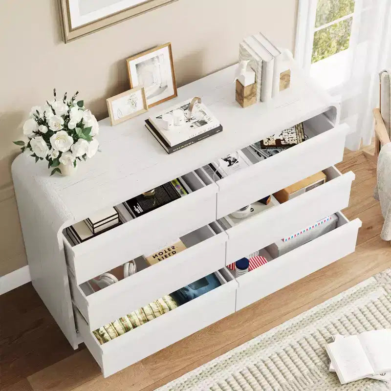 Commode bombée à 6 tiroirs, 47 po de large, en bois avec profil incurvé pour chambre moderne, salon, entrée, rangement de chambre d'enfant