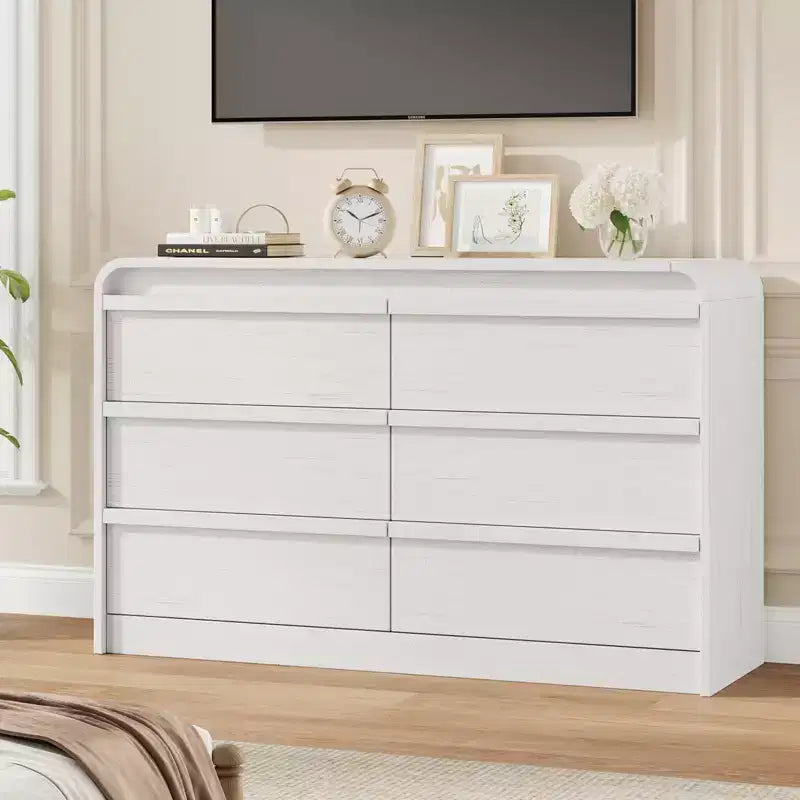 Commode bombée à 6 tiroirs, 47 po de large, en bois avec profil incurvé pour chambre moderne, salon, entrée, rangement de chambre d'enfant