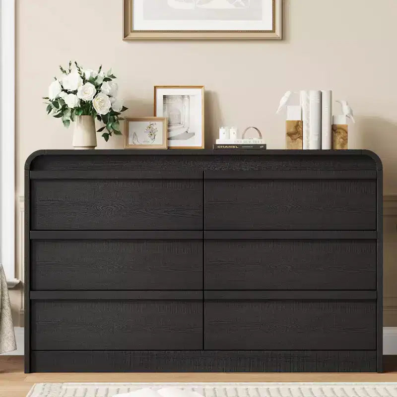 Commode bombée à 6 tiroirs, 47 po de large, en bois avec profil incurvé pour chambre moderne, salon, entrée, rangement de chambre d'enfant