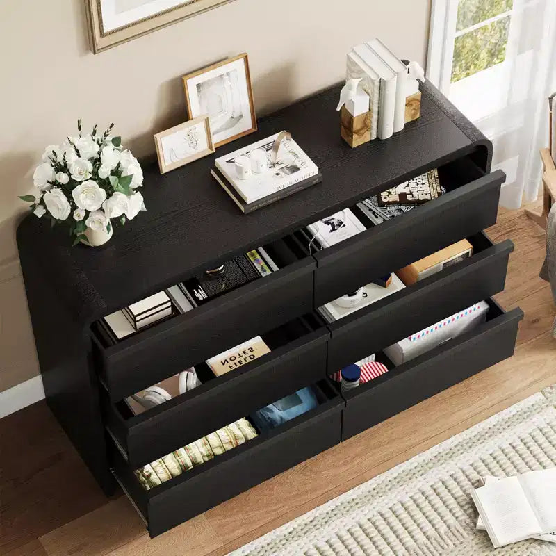 Commode bombée à 6 tiroirs, 47 po de large, en bois avec profil incurvé pour chambre moderne, salon, entrée, rangement de chambre d'enfant