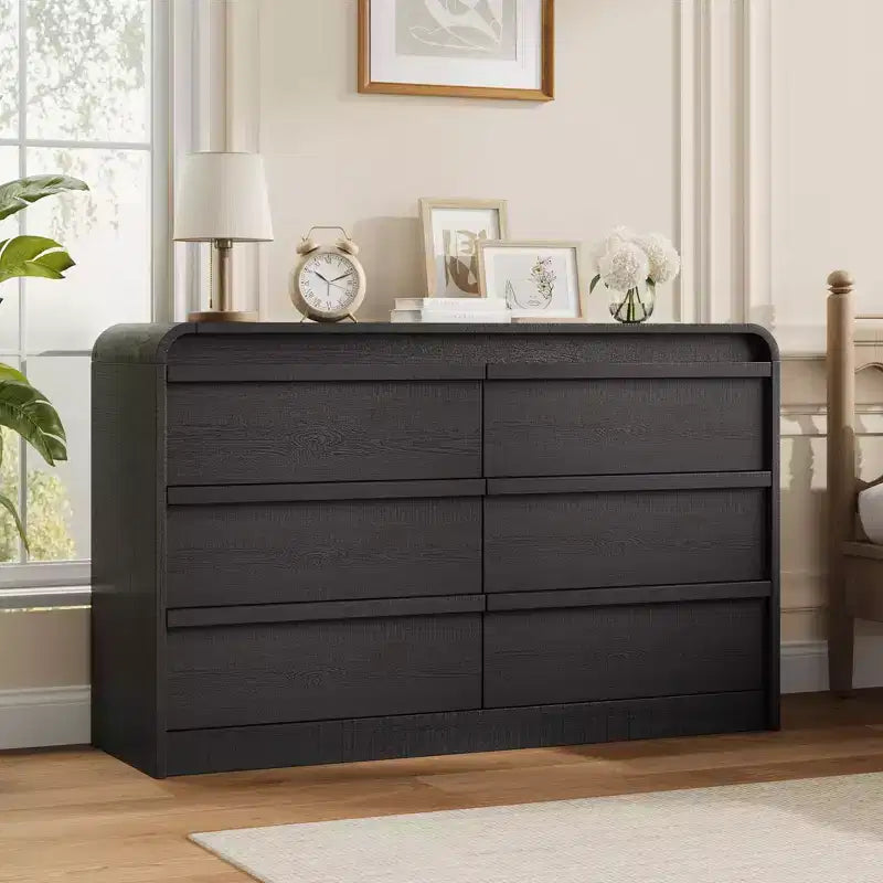 Commode bombée à 6 tiroirs, 47 po de large, en bois avec profil incurvé pour chambre moderne, salon, entrée, rangement de chambre d'enfant
