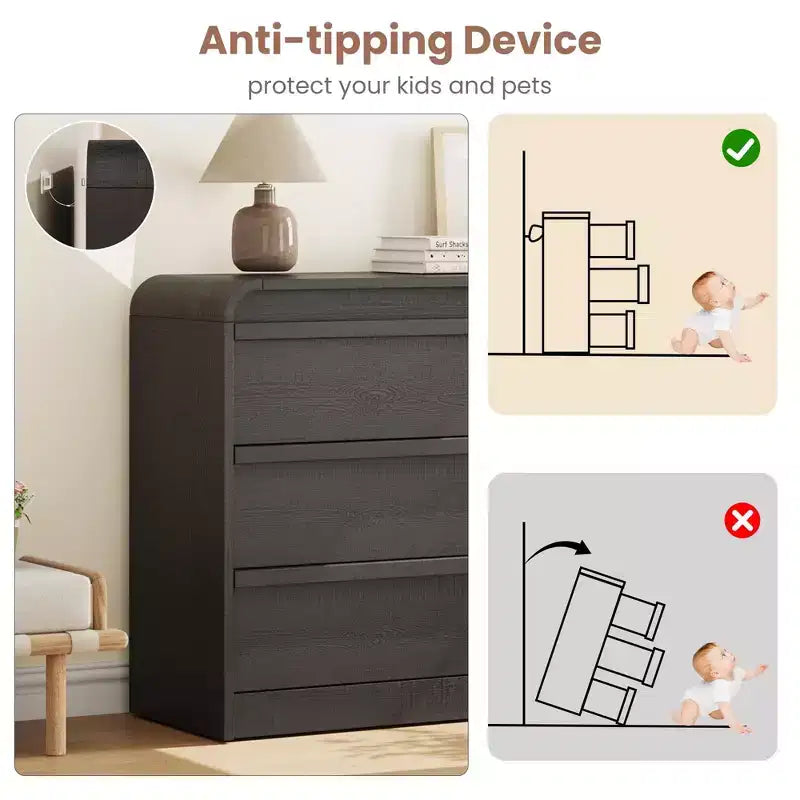 Commode bombée à 6 tiroirs, 47 po de large, en bois avec profil incurvé pour chambre moderne, salon, entrée, rangement de chambre d'enfant