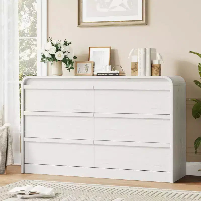 Commode bombée à 6 tiroirs, 47 po de large, en bois avec profil incurvé pour chambre moderne, salon, entrée, rangement de chambre d'enfant