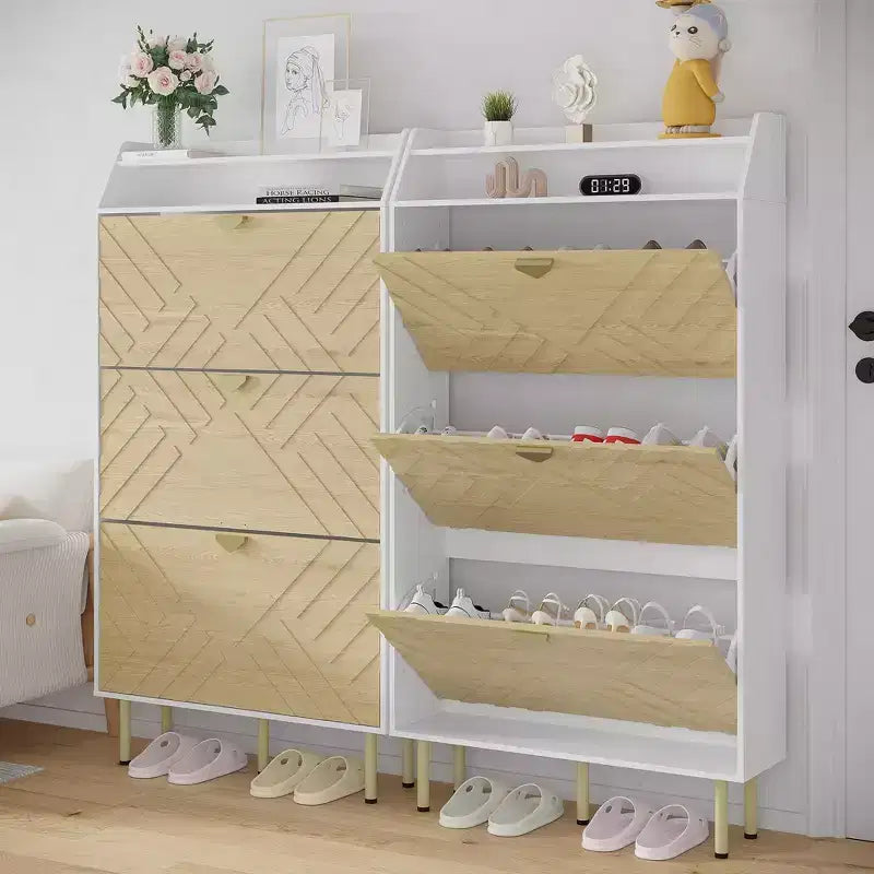 Meuble à chaussures, Meuble d'entrée 57H, 3 tiroirs basculants, mince, blanc et bois, organisateur de rangement dissimulé pour couloir