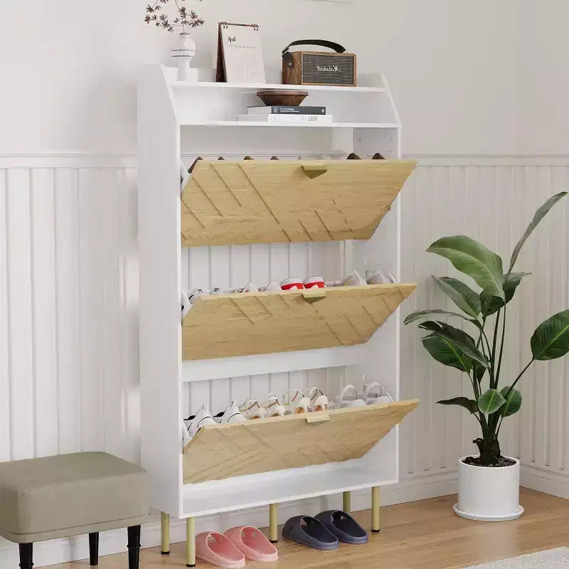 Meuble à chaussures, Meuble d'entrée 57H, 3 tiroirs basculants, mince, blanc et bois, organisateur de rangement dissimulé pour couloir