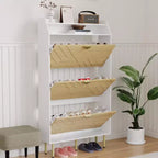 Meuble à chaussures, Meuble d'entrée 57H, 3 tiroirs basculants, mince, blanc et bois, organisateur de rangement dissimulé pour couloir