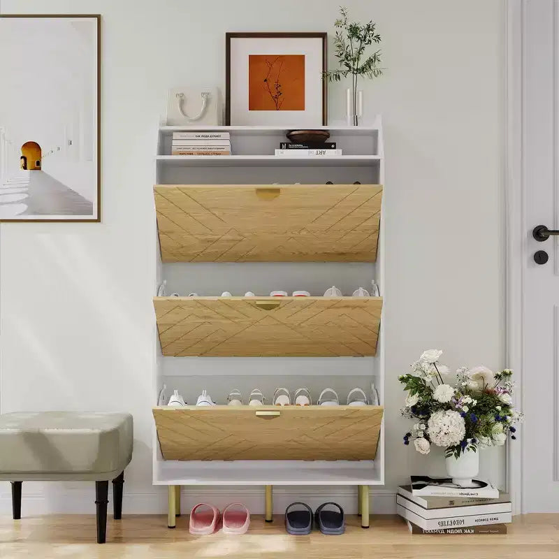 Meuble à chaussures, Meuble d'entrée 57H, 3 tiroirs basculants, mince, blanc et bois, organisateur de rangement dissimulé pour couloir