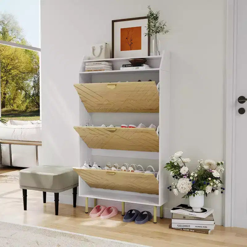 Meuble à chaussures, Meuble d'entrée 57H, 3 tiroirs basculants, mince, blanc et bois, organisateur de rangement dissimulé pour couloir
