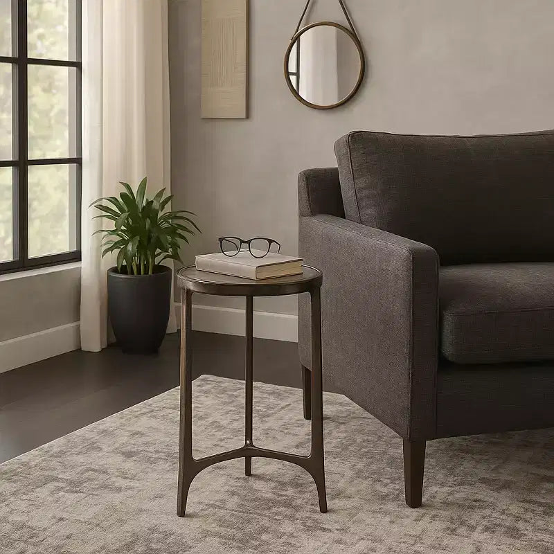 Table d'appoint rustique, bout de canapé ou petite table de chevet pour la décoration intérieure - Table de chevet ronde en métal avec plateau en verre pour petits espaces - 22 Bronze et Cuivre