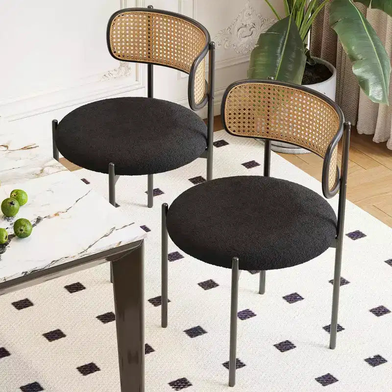 MAYEERTY Chaises de salle à manger modernes rembourrées, lot de 2, avec pieds en métal et dossier en rotin, pour cuisine (noir)