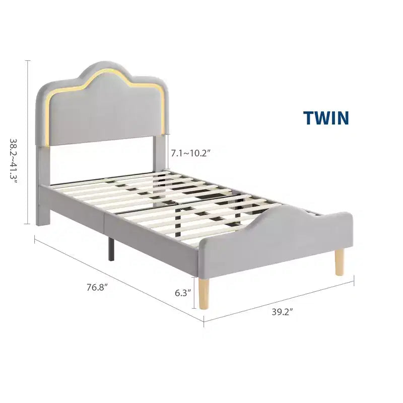 Cadre de lit princesse jumeau/double/grand format avec tête de lit réglable et revêtement en velours - Lit plateforme pour enfants