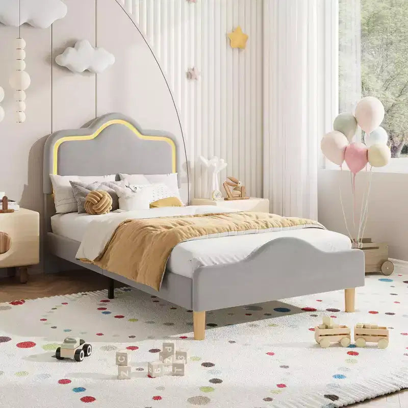 Cadre de lit princesse jumeau/double/grand format avec tête de lit réglable et revêtement en velours - Lit plateforme pour enfants