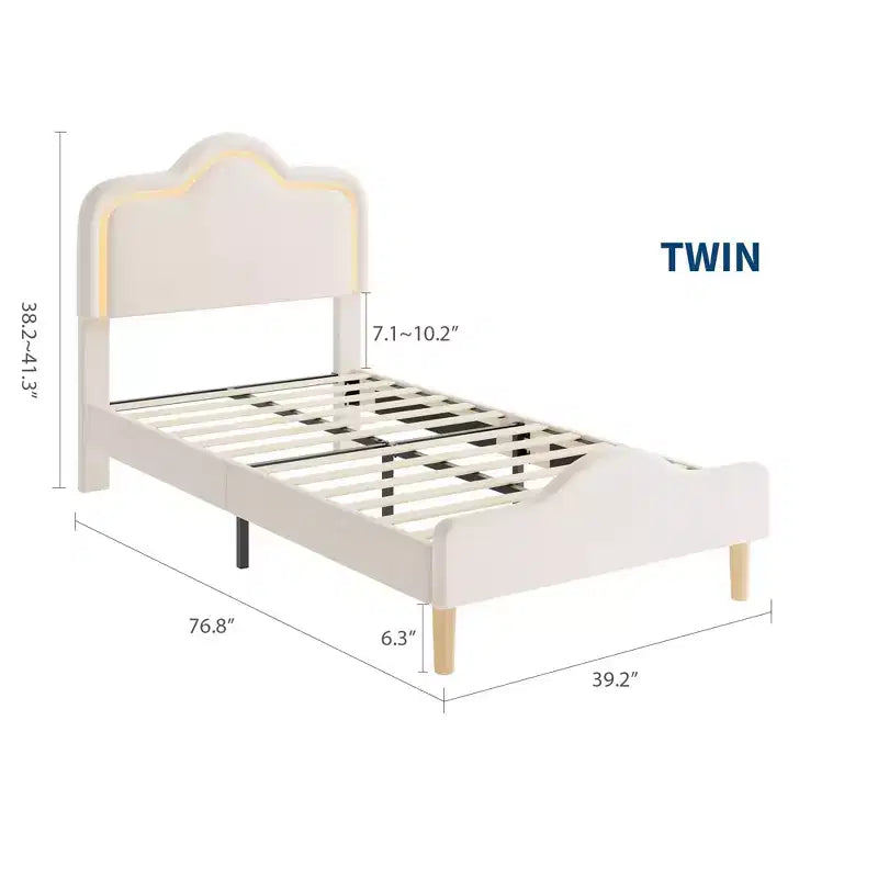 Cadre de lit princesse jumeau/double/grand format avec tête de lit réglable et revêtement en velours - Lit plateforme pour enfants