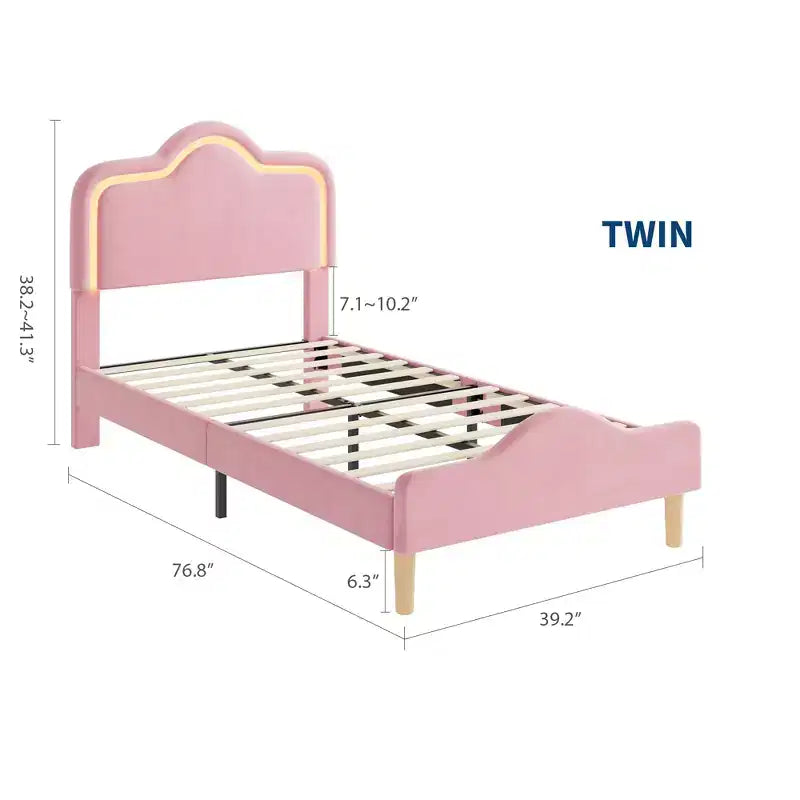 Cadre de lit princesse jumeau/double/grand format avec tête de lit réglable et revêtement en velours - Lit plateforme pour enfants