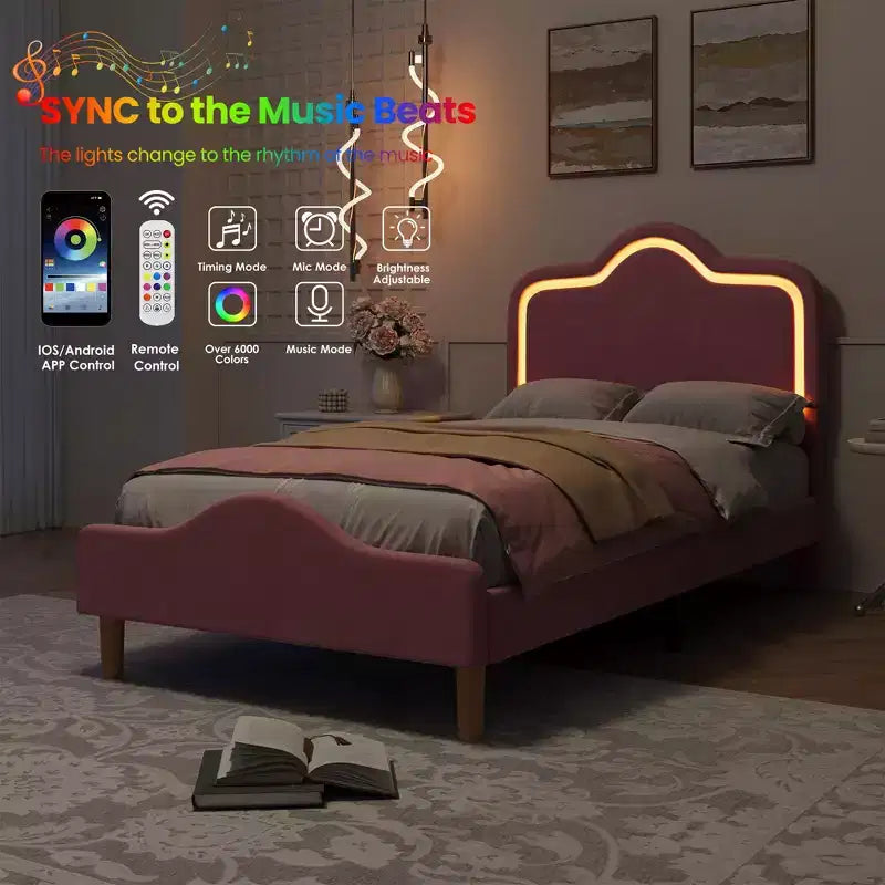 Cadre de lit princesse jumeau/double/grand format avec tête de lit réglable et revêtement en velours - Lit plateforme pour enfants