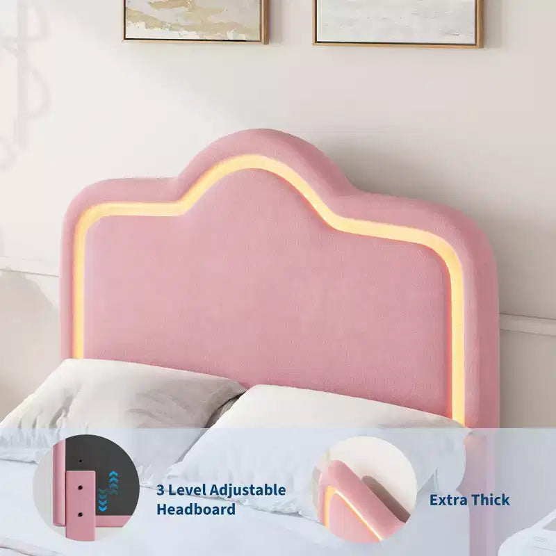 Cadre de lit princesse jumeau/double/grand format avec tête de lit réglable et revêtement en velours - Lit plateforme pour enfants