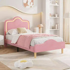 Cadre de lit princesse jumeau/double/grand format avec tête de lit réglable et revêtement en velours - Lit plateforme pour enfants